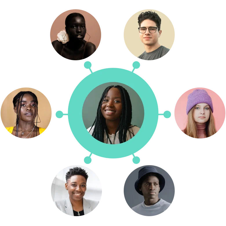 Un portrait central d'une femme souriante est relié par des lignes à six autres portraits individuels disposés en cercle, soulignant les connexions rendues possibles grâce aux cours gratuits et aux diplômes gratuits en ligne.